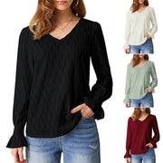 Elegant Solid-Color V‑Neck Ruched Long‑Sleeve Top – Flared Sleeves