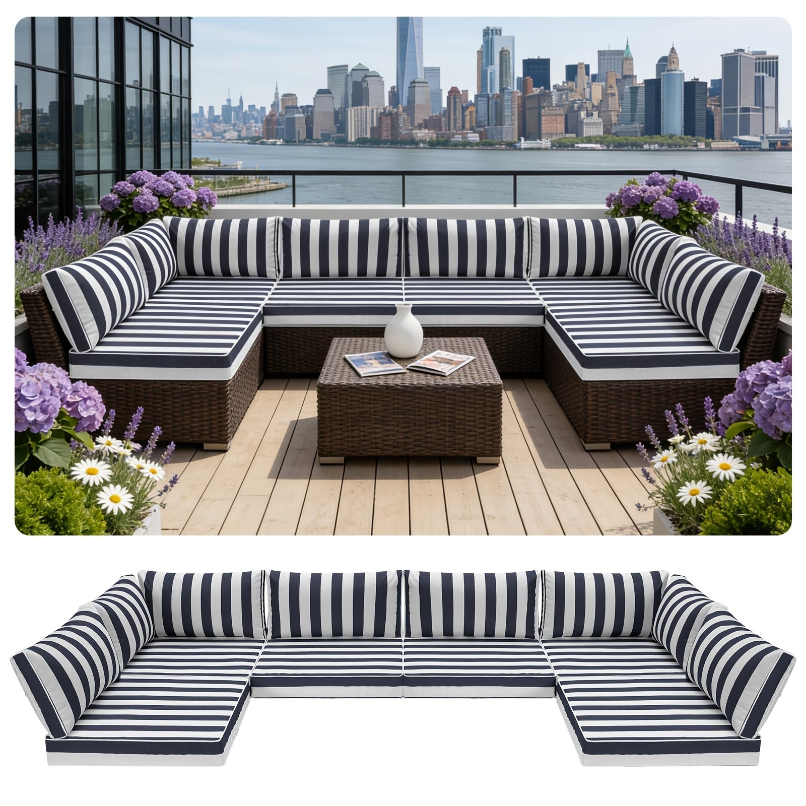 Anti-Fading Outdoor Combination Sofa Replacement Cushion, 14pcs Courtyard Combination Sofa Cushion, Non-Slip And Waterproof Sofa Cushion at The Bottom, Suitable for 14pcss Rattan Leisure Sofas
