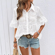 Openwork Lace-Sleeved Loose Shirt Casual Top For Women