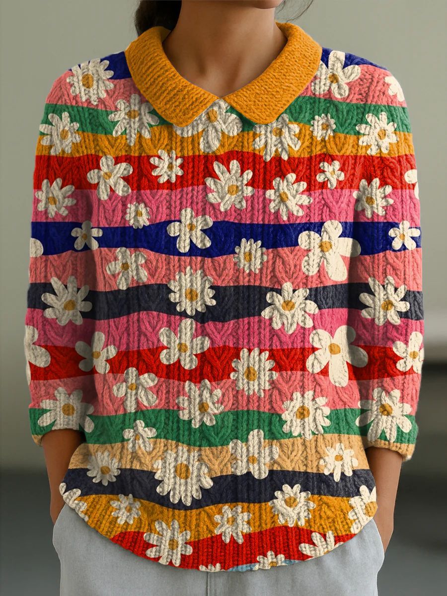 Autumn and Winter New Women's Doll Collar Knitted Jacquard Fabric French Retro Printed Top