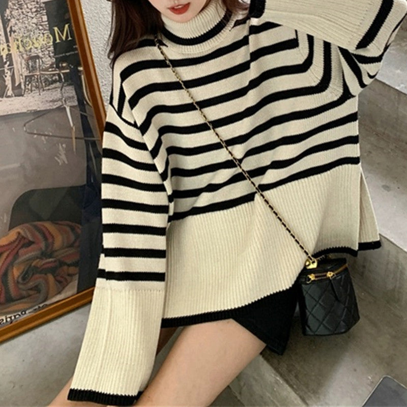 Striped Sweater Loose and Lazy Style Underwear Long Sleeved Top Women's Clothing