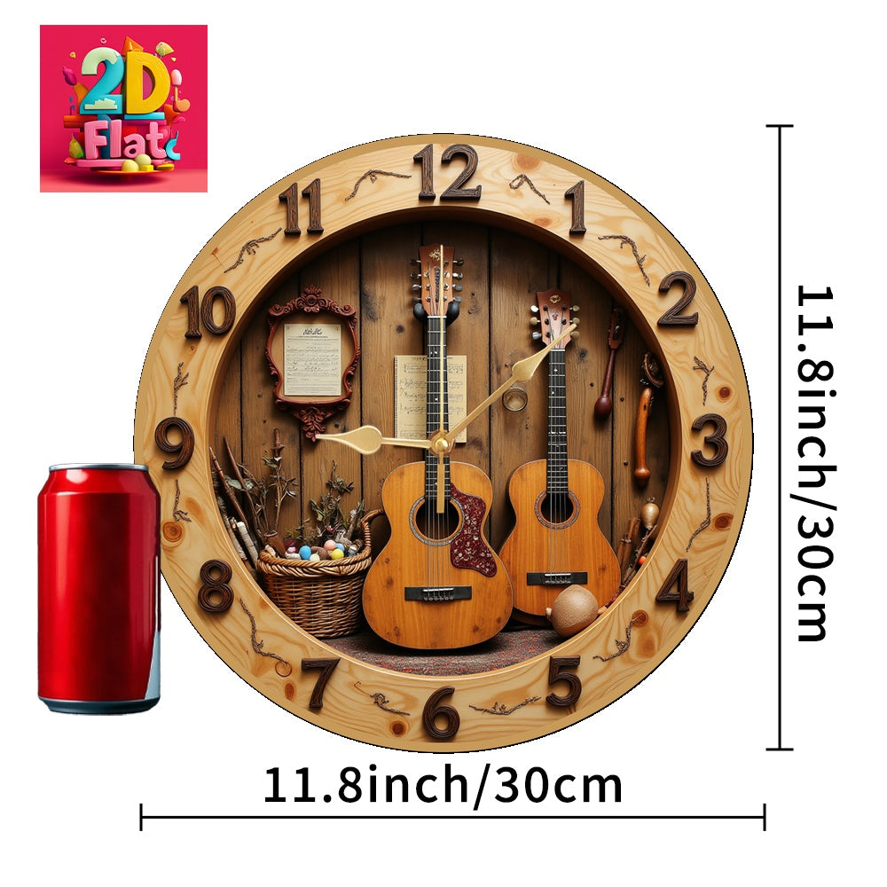 2D Flat, Vintage Guitar & Music-Themed Wooden Wall Clock, Silent, 9.8" & 11.8" Options, No Battery Included, Ideal for Bedroom, Office, Cafe, Party Decor, Mother'S Day, Holiday Gift, Office Decoration | Vintage Wall Clock | Wooden Frame, Wall Clock Decor
