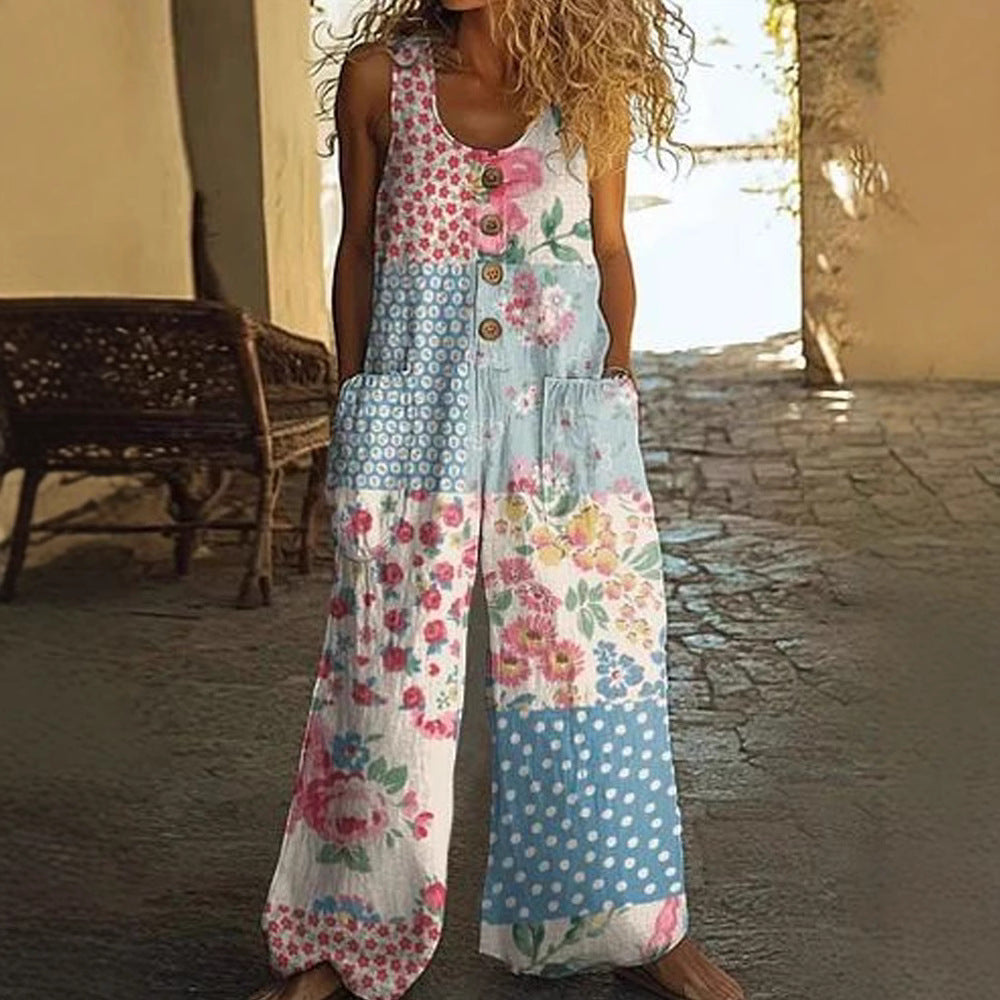 Women's Floral Sleeveless Pocket Jumpsuit