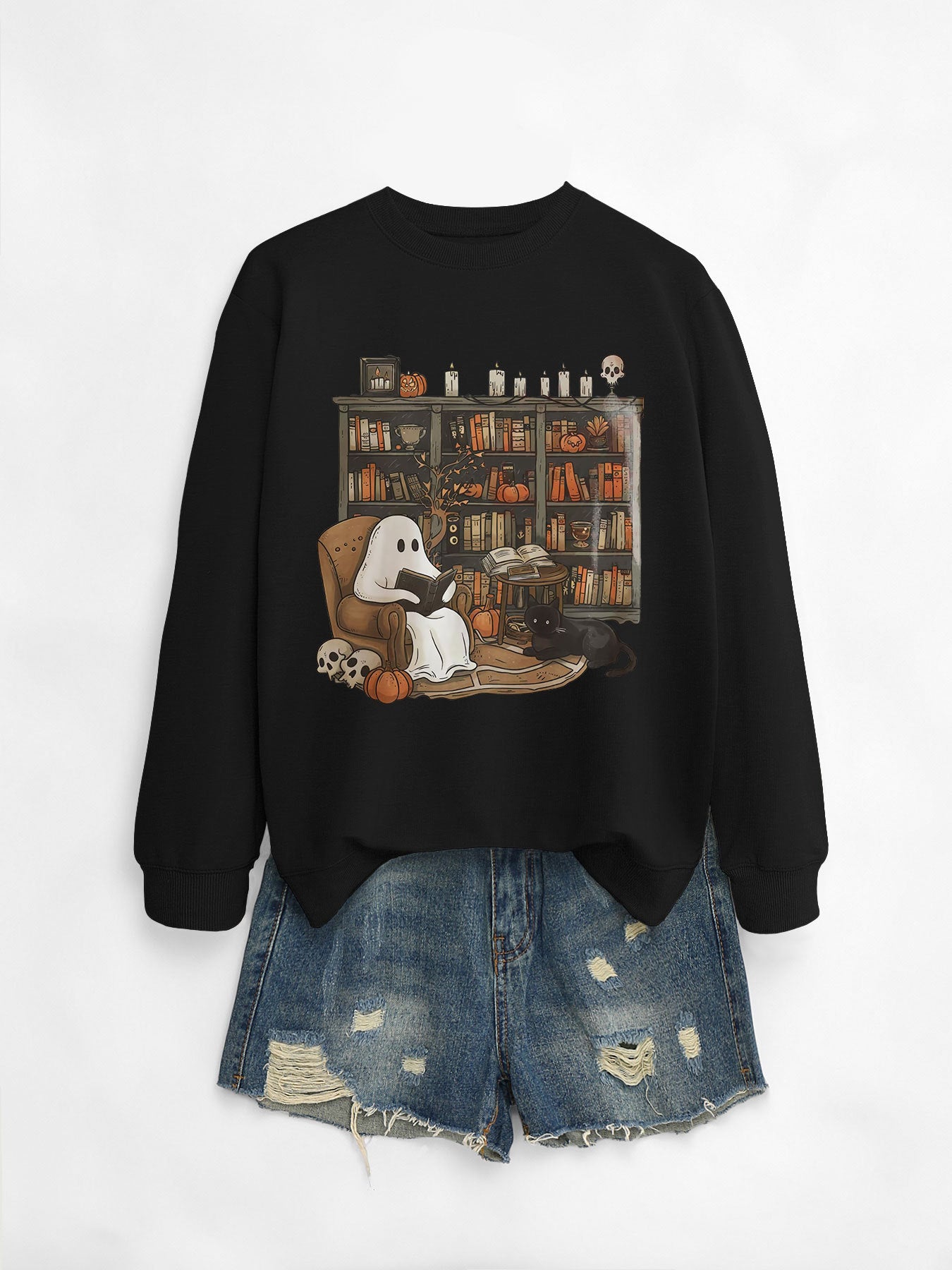 Cozy Black Cat Bookshelf Halloween Sweatshirt