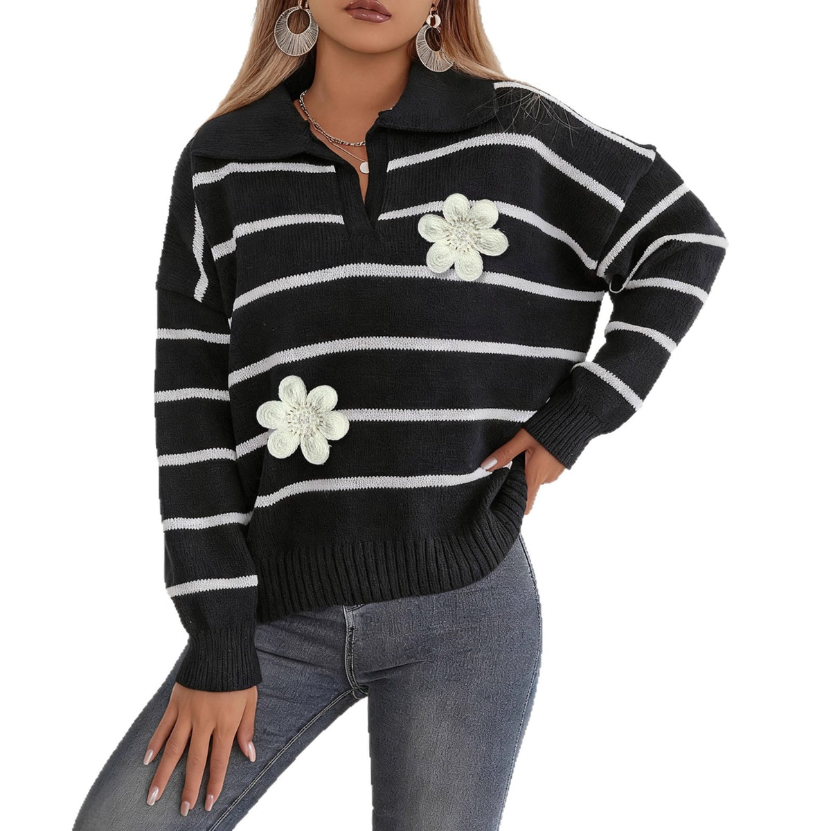 Womens European and American-style Sweater Top with Color-block Striped Patchwork