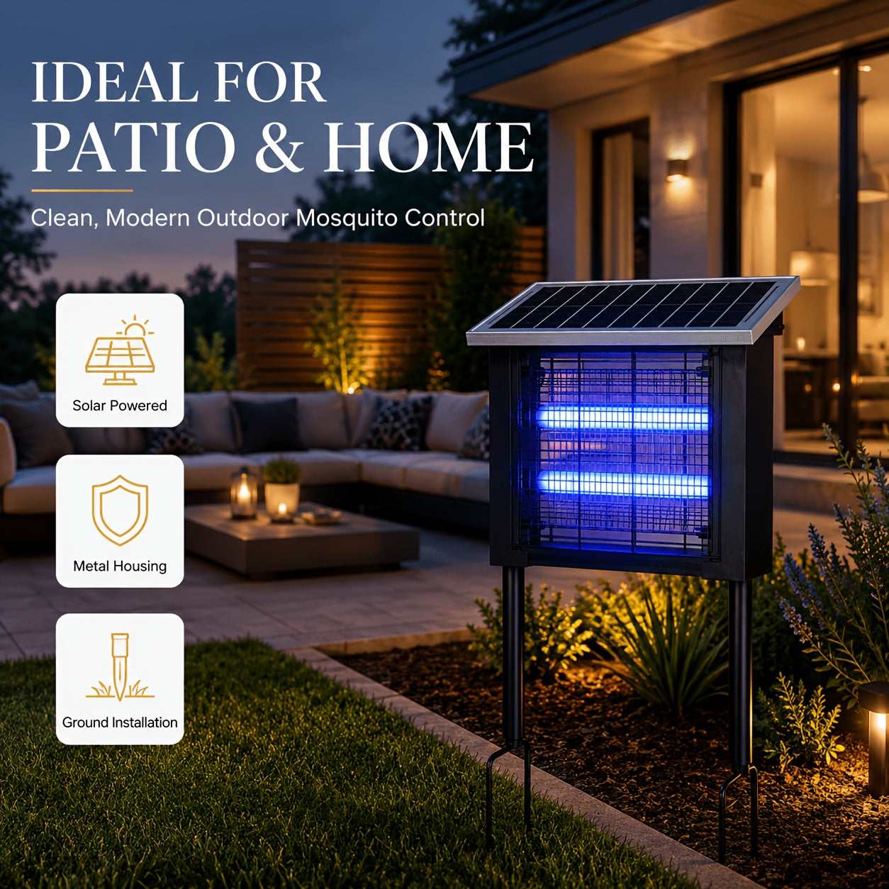 Square Solar-Powered Mosquito Repellent Lamp with Ground Stake, Silent Operation, IPX4 Waterproof