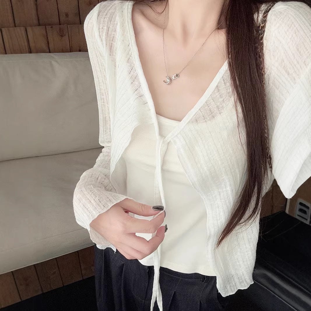 Sheer V‑Neck Lace‑Up Long Sleeve Top – Slim Fit, Sweet & Cute