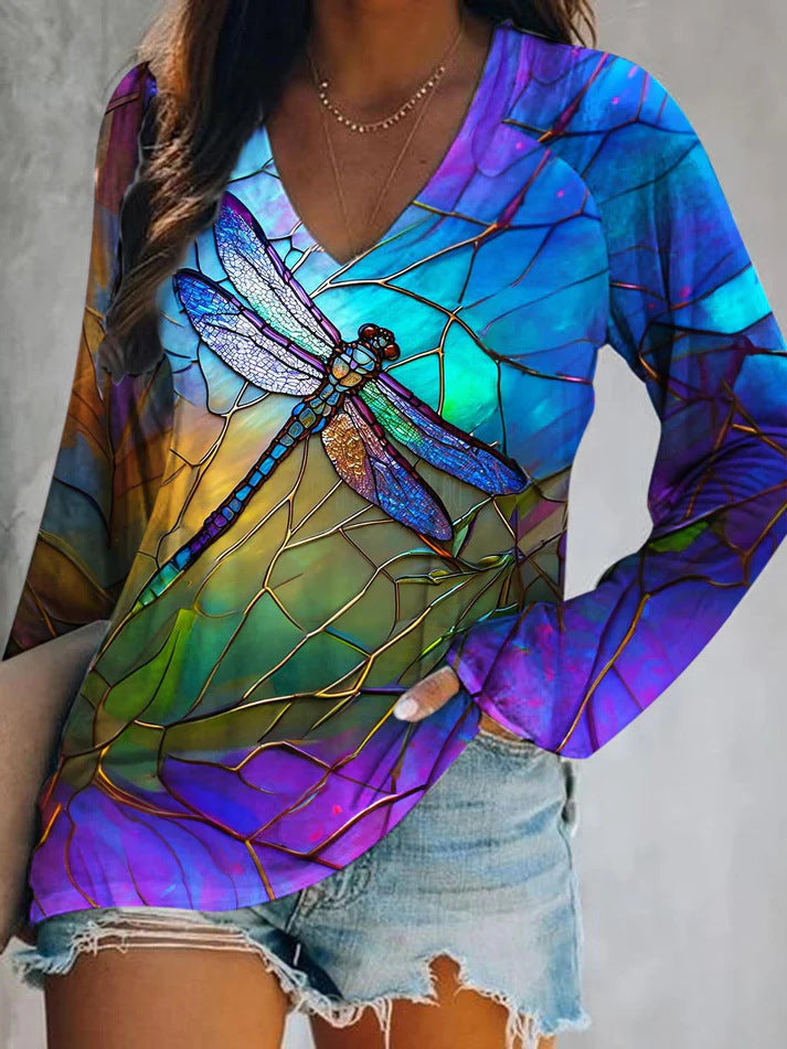 Retro 3D Print V-Neck Tee Casual Vintage Women's Top