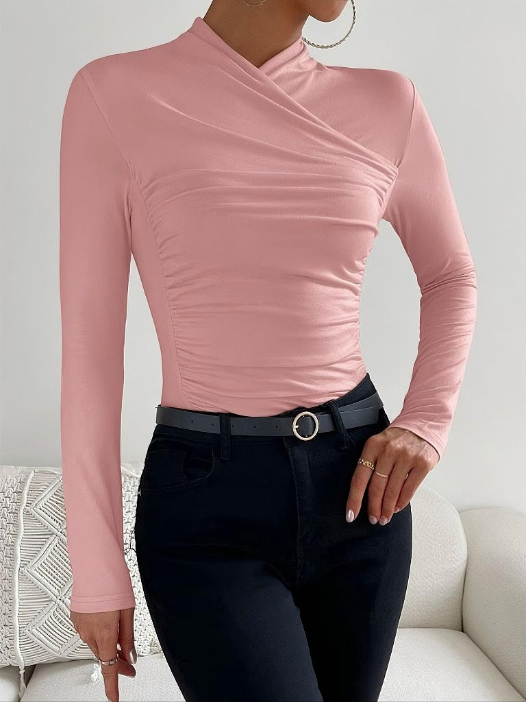 Cross Collar Pleated Slim Long Sleeve Top