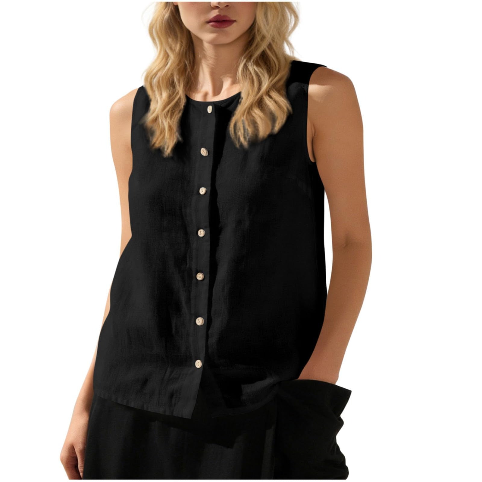Womens Sleeveless Button-Down Shirt Loose-Fit Vest