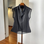 Micro-see-through Sleeveless Blouse Womens Loose-fit Boat-neck Top