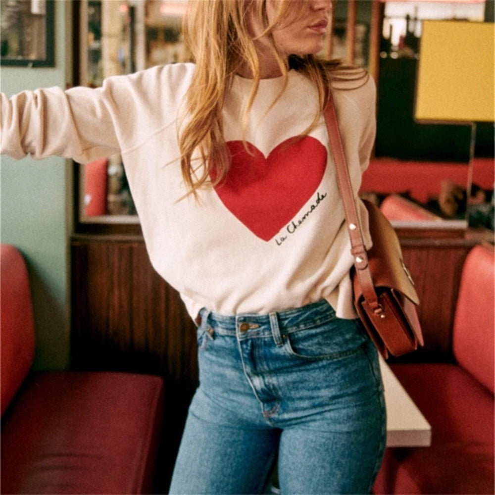 Cozy Heart Print Loose Fit Sweatshirt