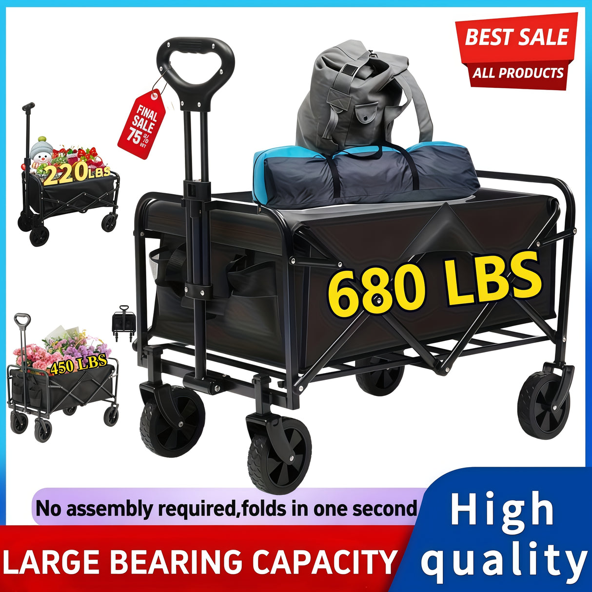 220LBS/450LBS/680LBS Heavy Duty All-Terrain Folding Cart - Large Capacity 220LBS/450LBS/680LBS Capacity, 220LBS/450LBS/680LBS Capacity, Black Utility Cart For Yard, Camping, Outdoor, Garden, Sports...