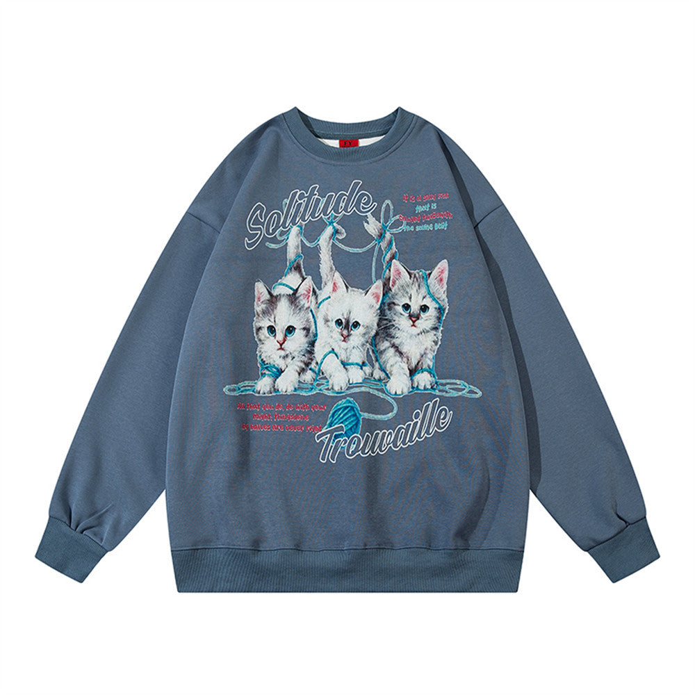 Men's Cute Kitten Print Casual Round Neck Pullover Sweater