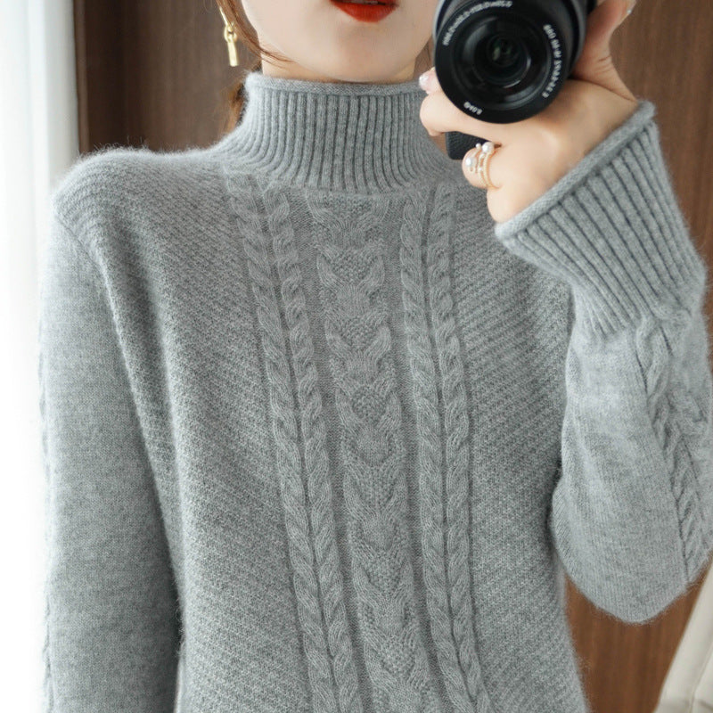 Womens Half-turtleneck Sweater with Cable Knit and Thickened Design