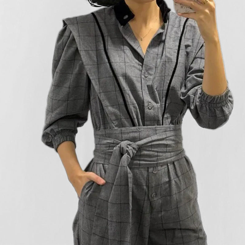 Retro Plaid Lace-Up Jumpsuit for Elegant Commuting