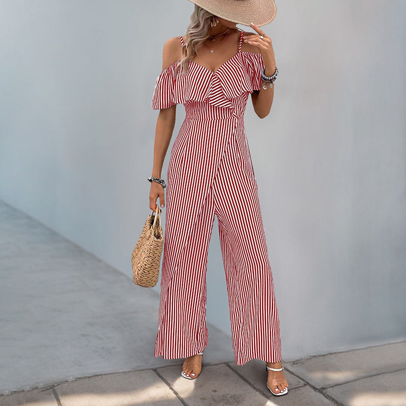 Summer New Striped Strap Wide Leg Jumpsuit For Women