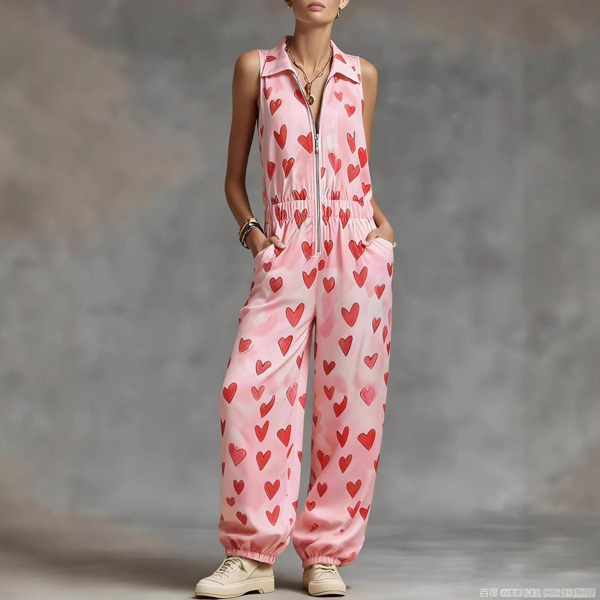 Women's Love Print Casual Sleeveless Jumpsuit