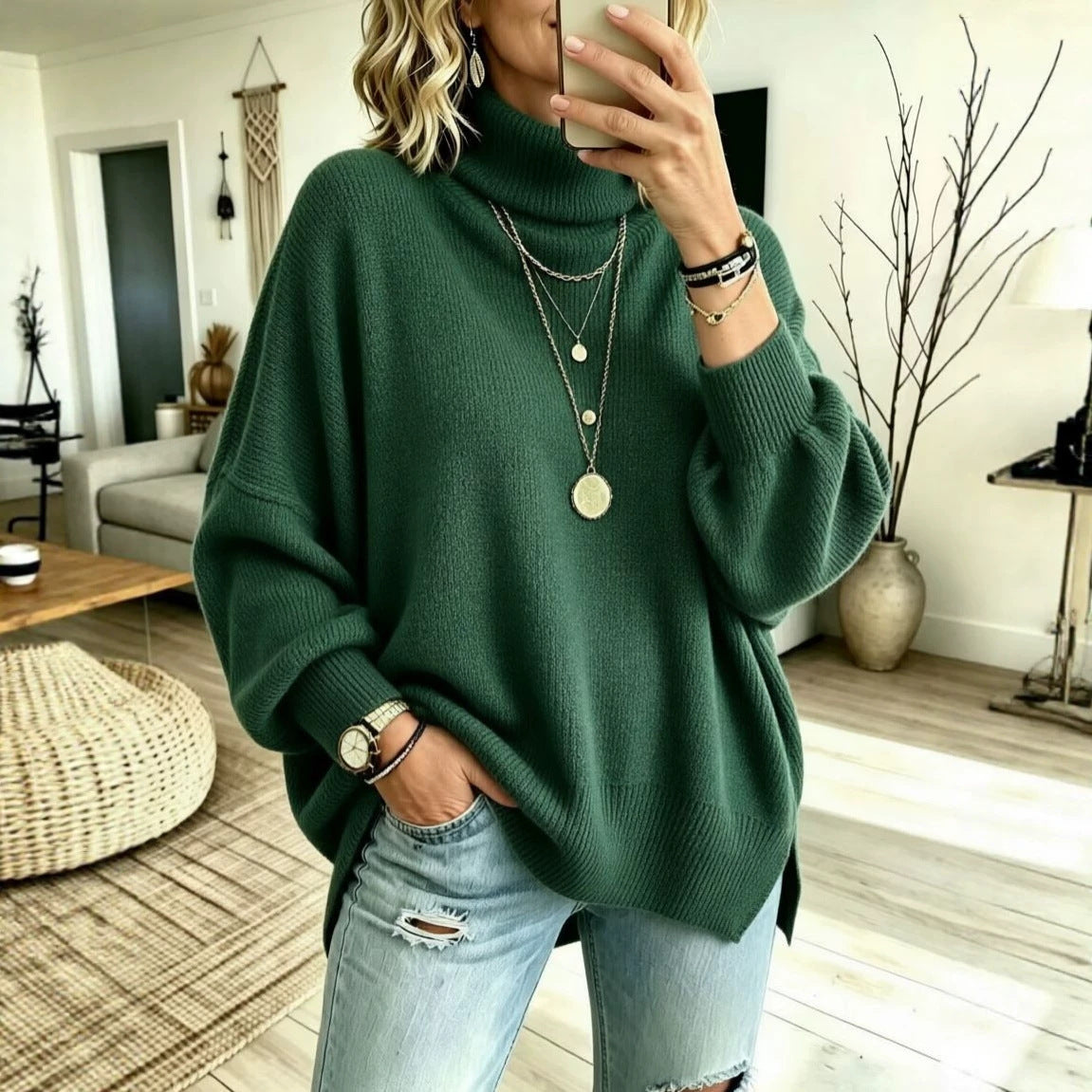 Womens Turtleneck Knitted Long-sleeve Sweater