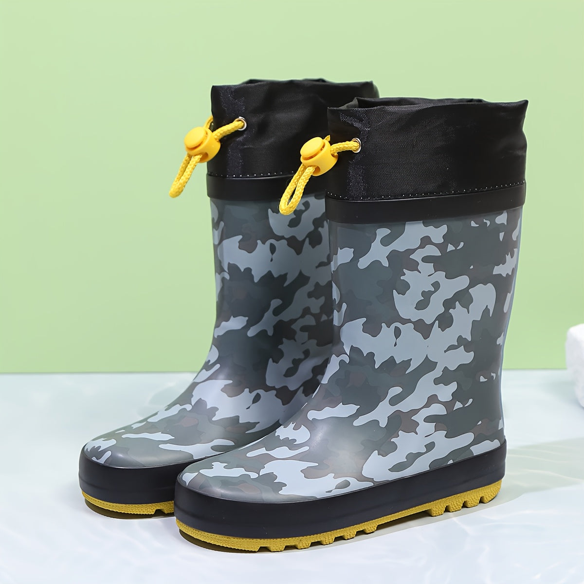 Boys' Lightweight Fleece-Lined Rain Boots – Cartoon Print, Adjustable Drawstring, Long Tubular Design