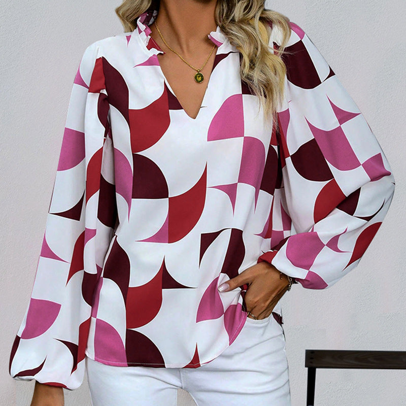 Women's Bubble Sleeve Stand Collar Printed Shirt