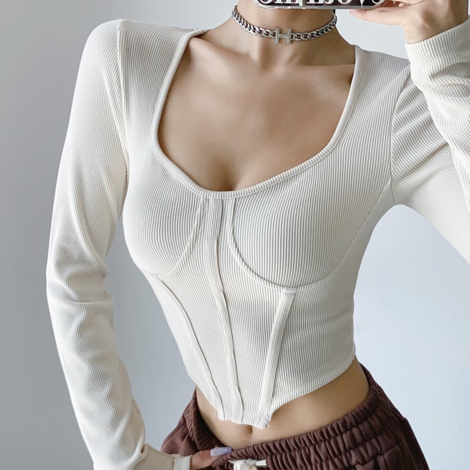 Slim Fit Open Waist Square Collar Long Sleeve Crop Top
