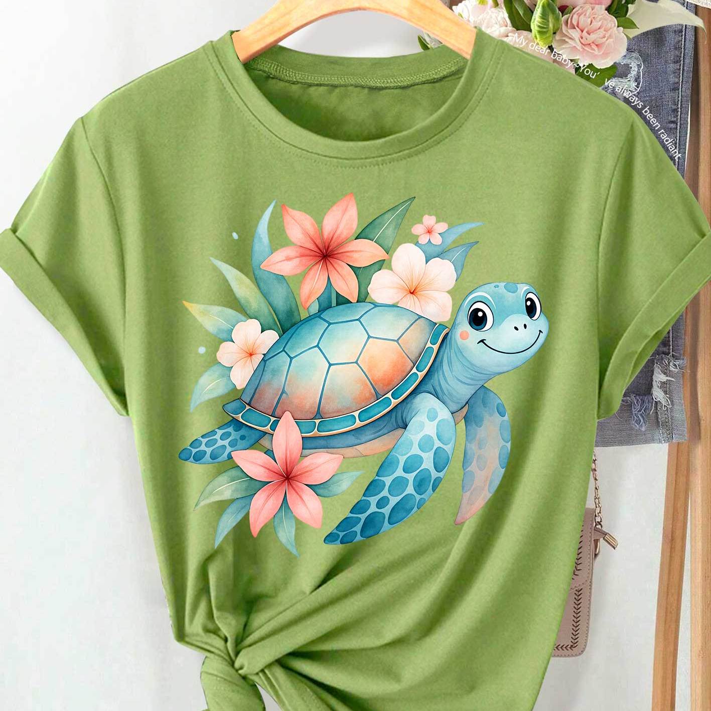 Women's Short Sleeve Round Neck Tunic with Smiling Sea Turtle and Tropical Floral Print