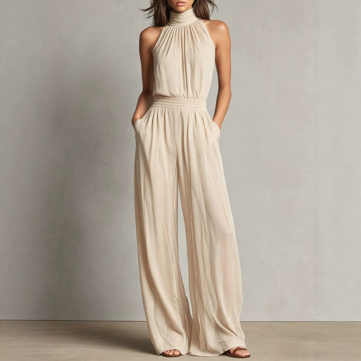 Womens Chiffon Spliced Sleeveless High-Neck Backless Wide-Leg Jumpsuit