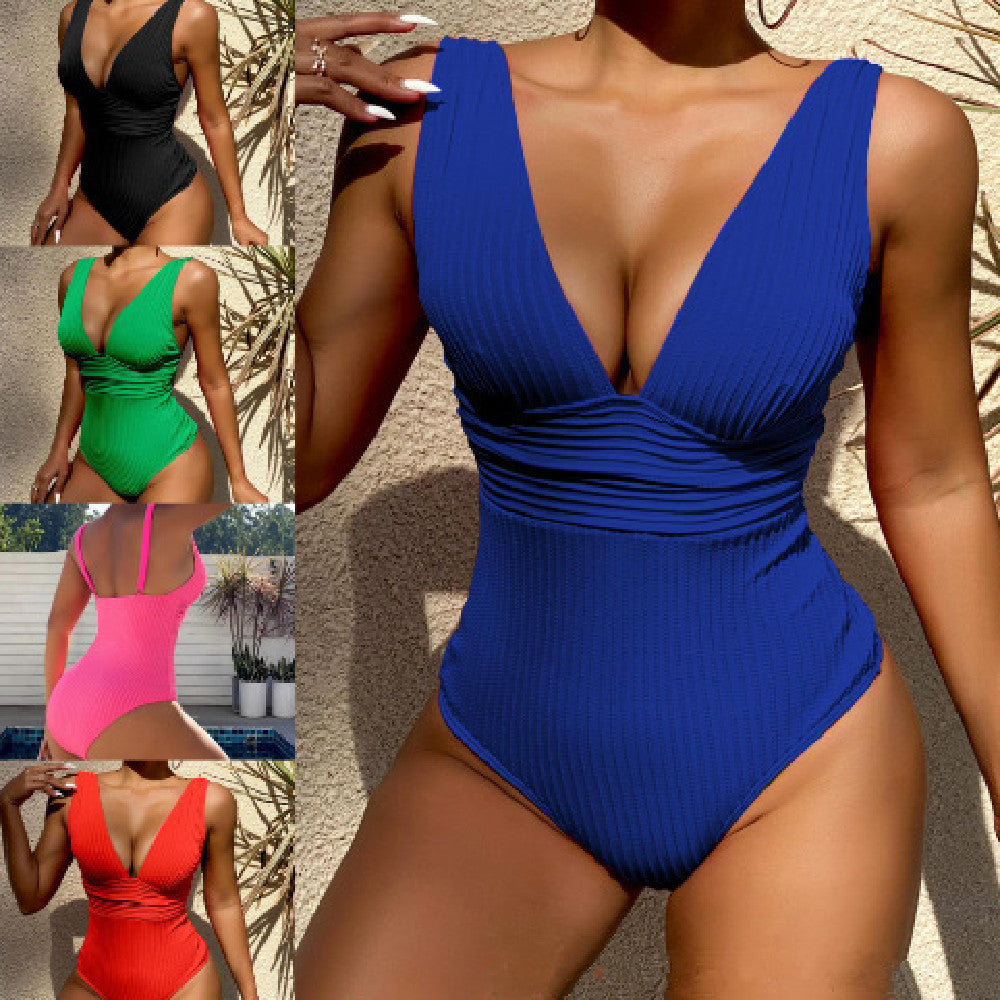 Women's Solid Lace-Up Slim Fit One-Piece Swimsuit