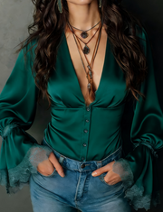 Women's Western Retro Deep V-Neck Flared Sleeve Slim Long Sleeve Top