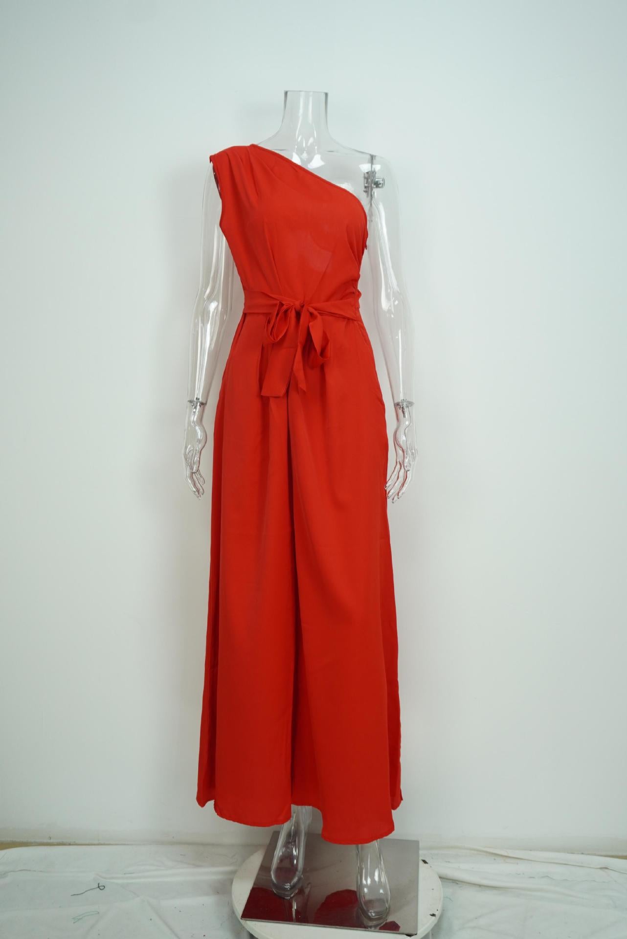 Solid Color Straight-leg Pants Strapless Lace-up Jumpsuit For Women