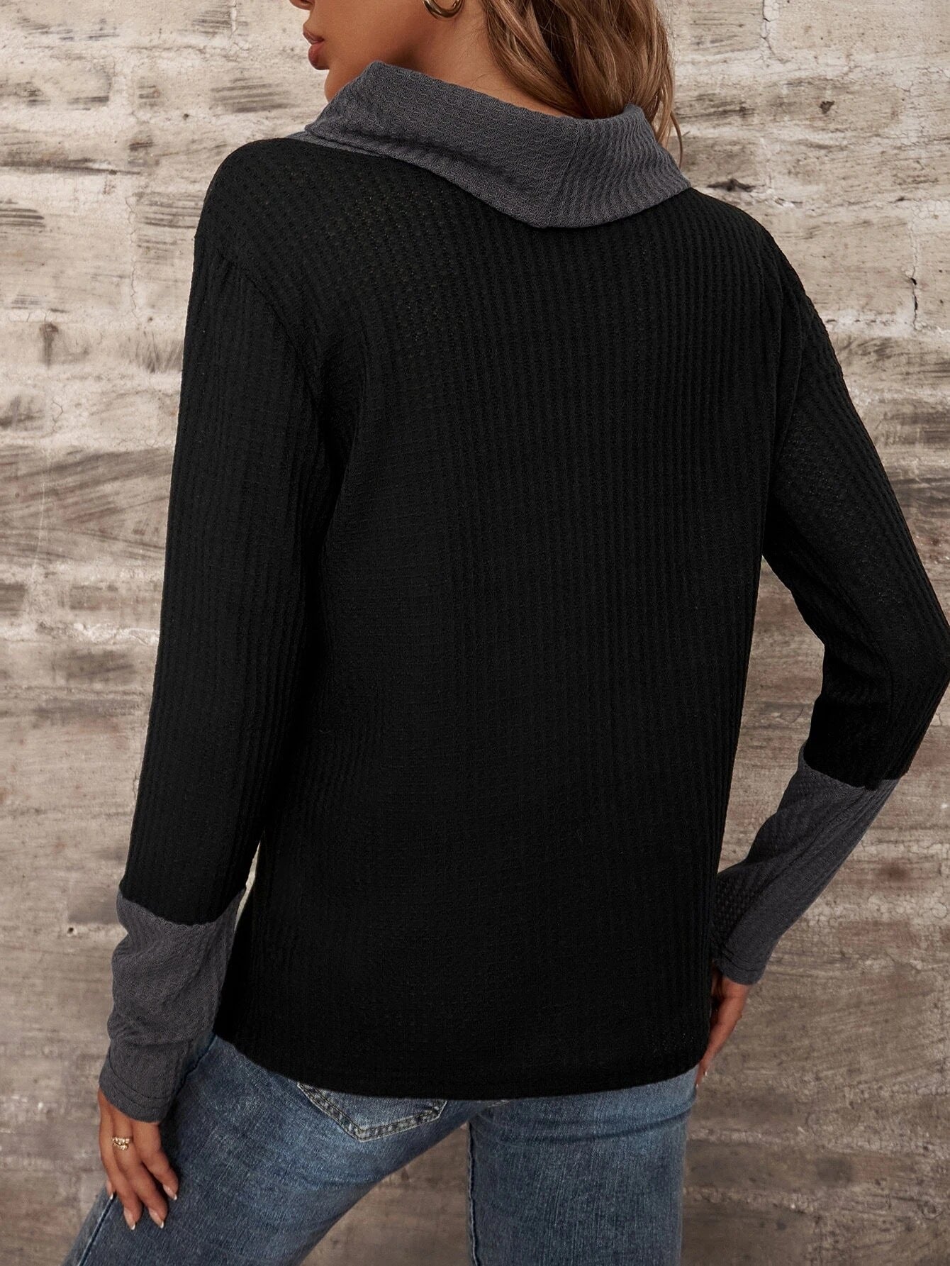 Waffle Knit Mock Neck Long Sleeve Top