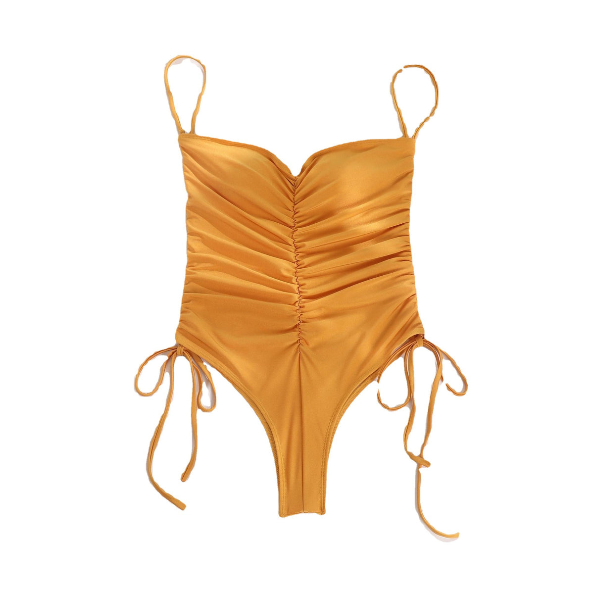 Women's Solid Color Pleated Drawstring One-piece Swimsuit