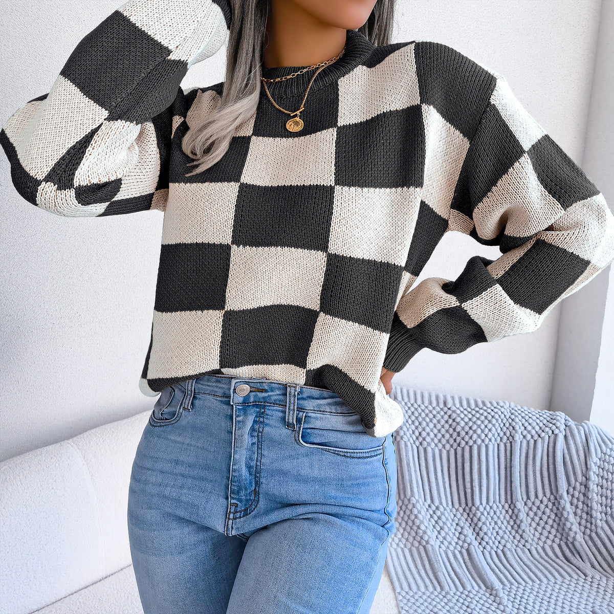 Street Style Color Block Plaid Long Sleeve Pullover Knit Sweater