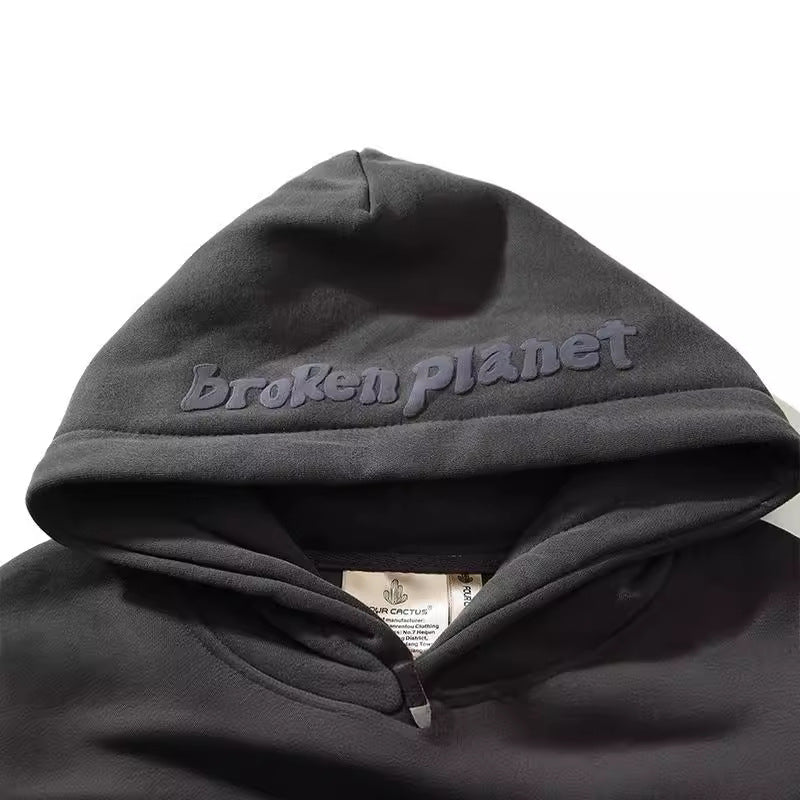 Broken Planet Puff Print Loose Fleece Casual Hooded Sweatshirt