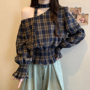 Irregular One-Shoulder Plaid Top – Waist-Cinching A-Line Shirt