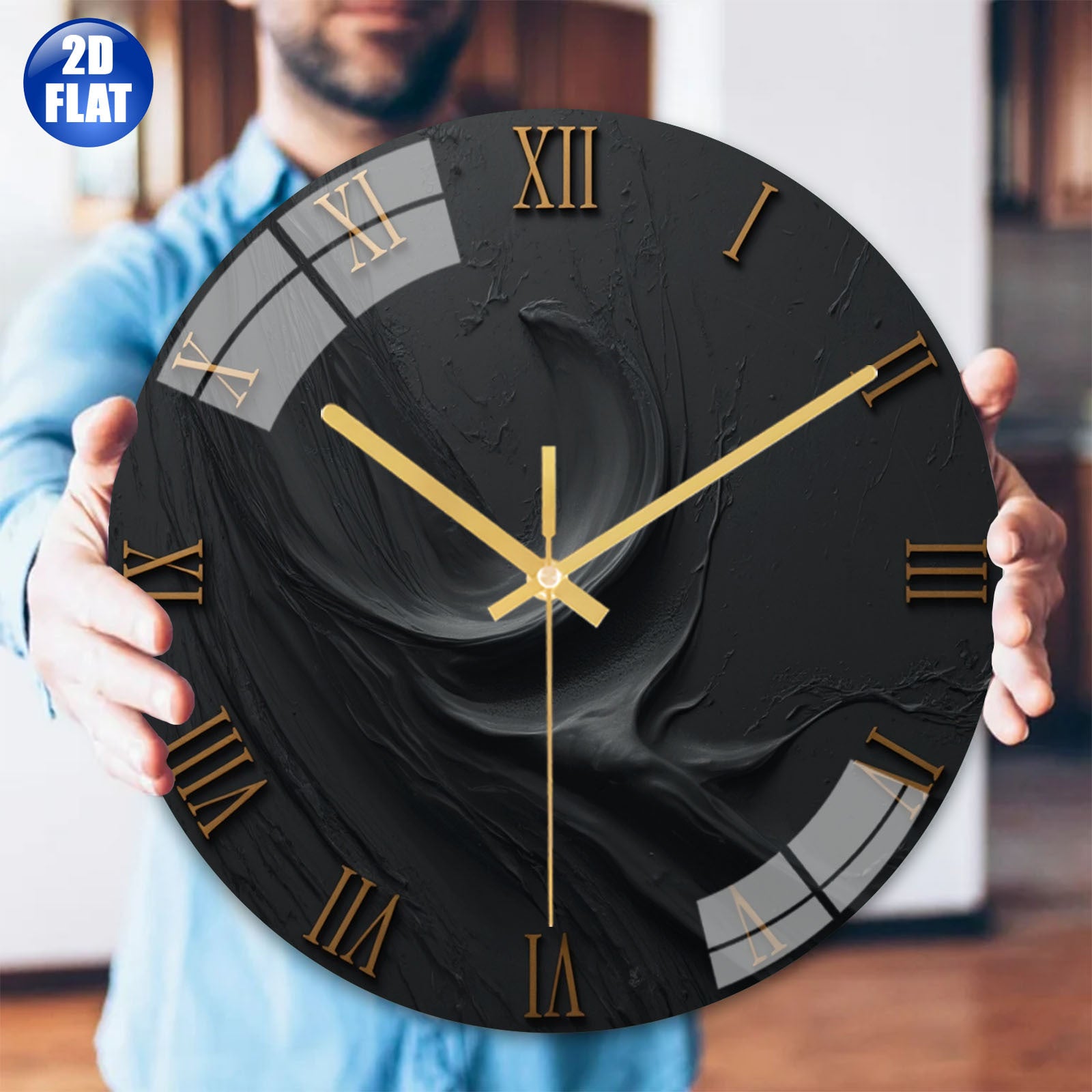2D Flat, 2D flatModern Minimalist Abstract Wall Clock- Black Golden Marble Texture Luxury Decoration- Battery Powered(AA Batteries Not Included)- Elegant Roman Numerals- Suitable Living Room, Office, Cafe, Bedroom- Available in 10/12/14 Inch Sizes- D