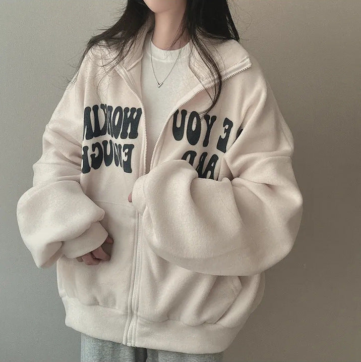 Women's Plus Velvet Alphabet Zip-Up Loose Cardigan Sweater
