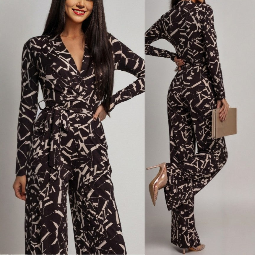 European And American V-neck Printed Long-sleeve Jumpsuit