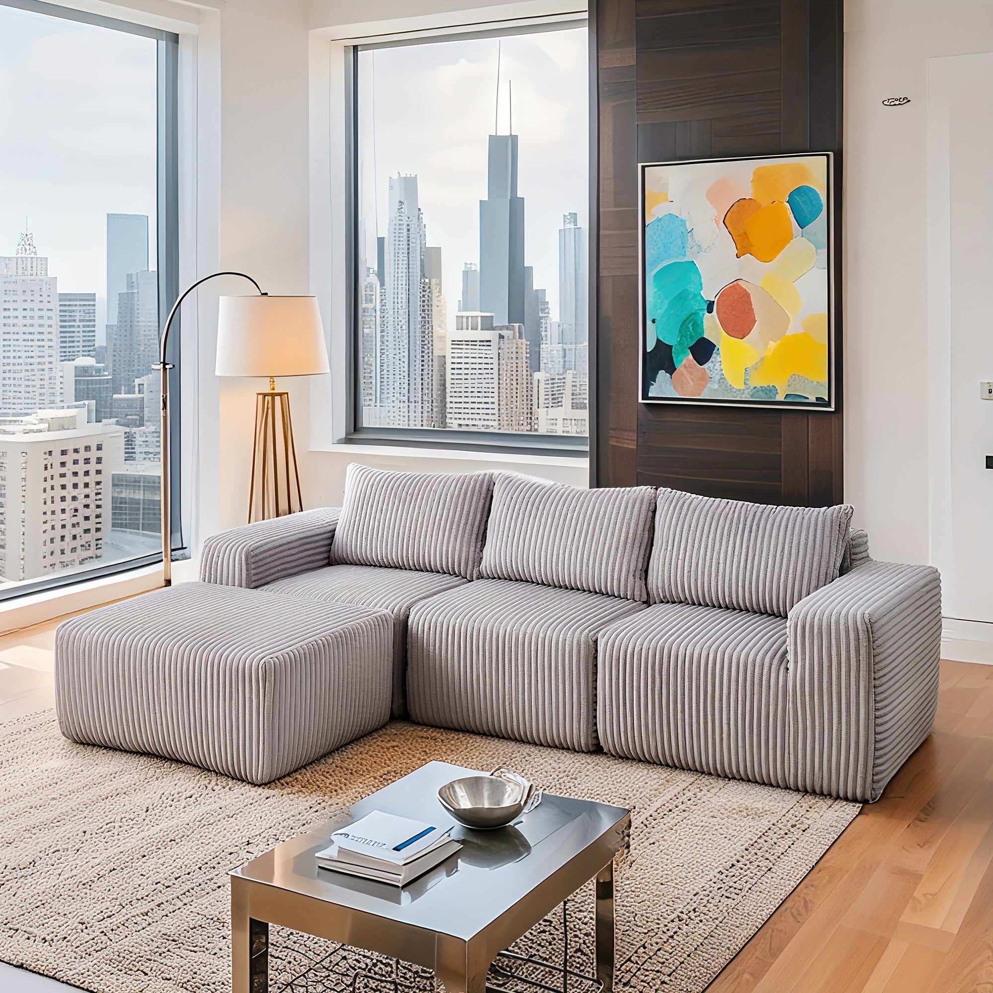 Modular L-shaped chaise longue sofa bed with deep seat and corduroy upholstery
