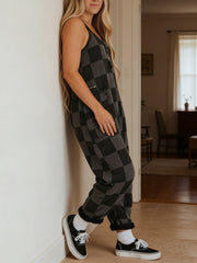 New Women's Plaid Print Jumpsuit With Large Pockets, Halter Neck, Open Back, Loose Fit. Machine Washable And Suitable For Everyday Wear.