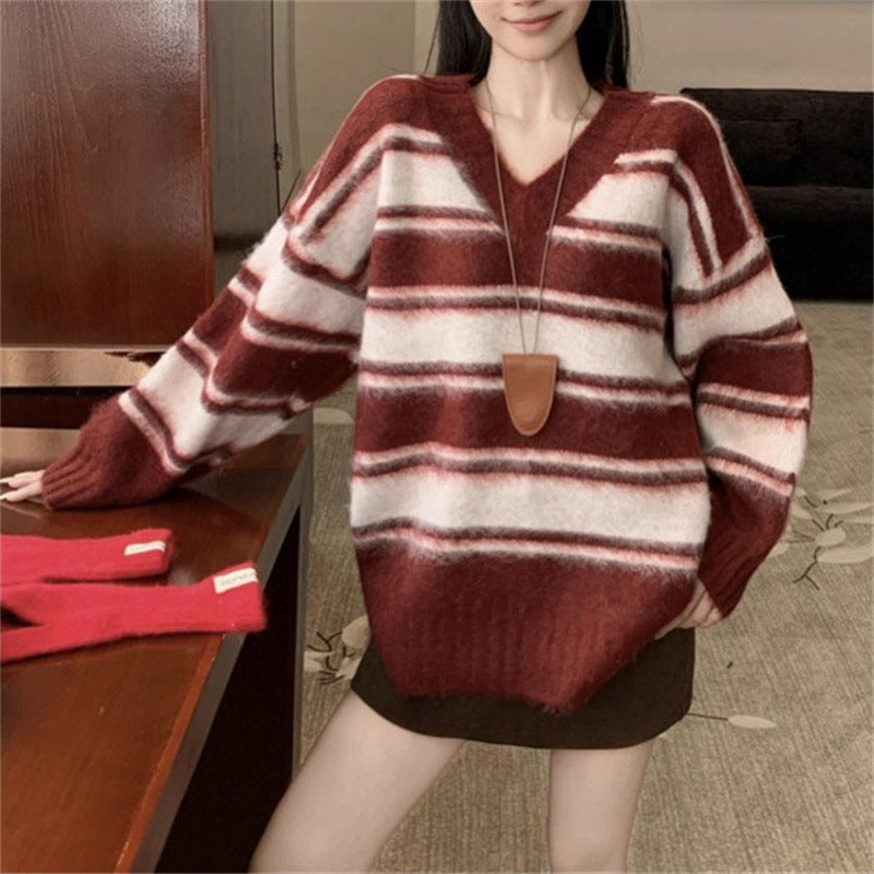 Korean Style Retro V-neck Striped Loose Sweater
