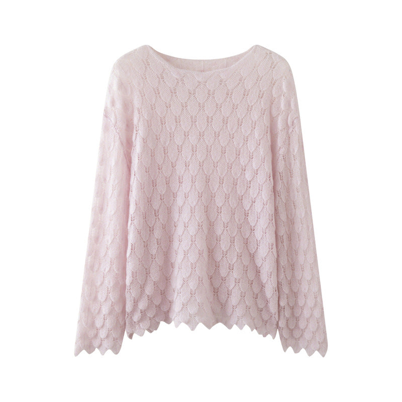 Cashmere Knit Sweater Womens Top with Hollow-out Feather Design