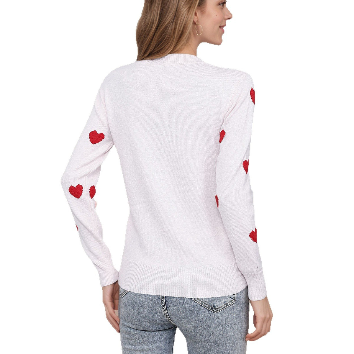 Women's Heart Jacquard Round Neck Pullover Sweater