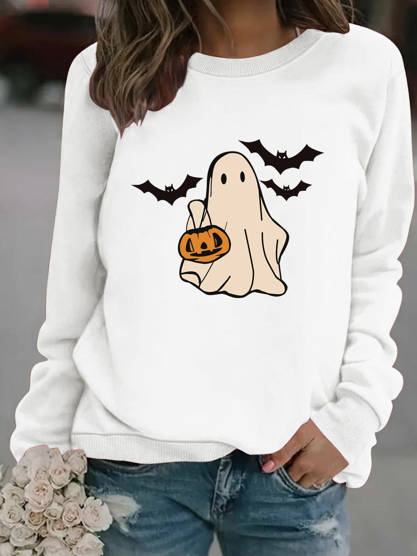 Spooky Cute Ghost Print Halloween Pullover Sweatshirt