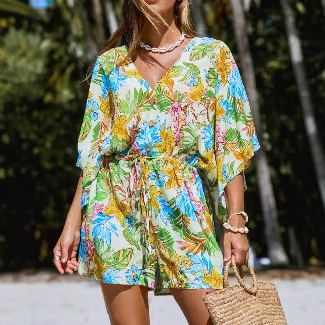 Chic V-Neck Printed Tie-Waist Jumpsuit for Women