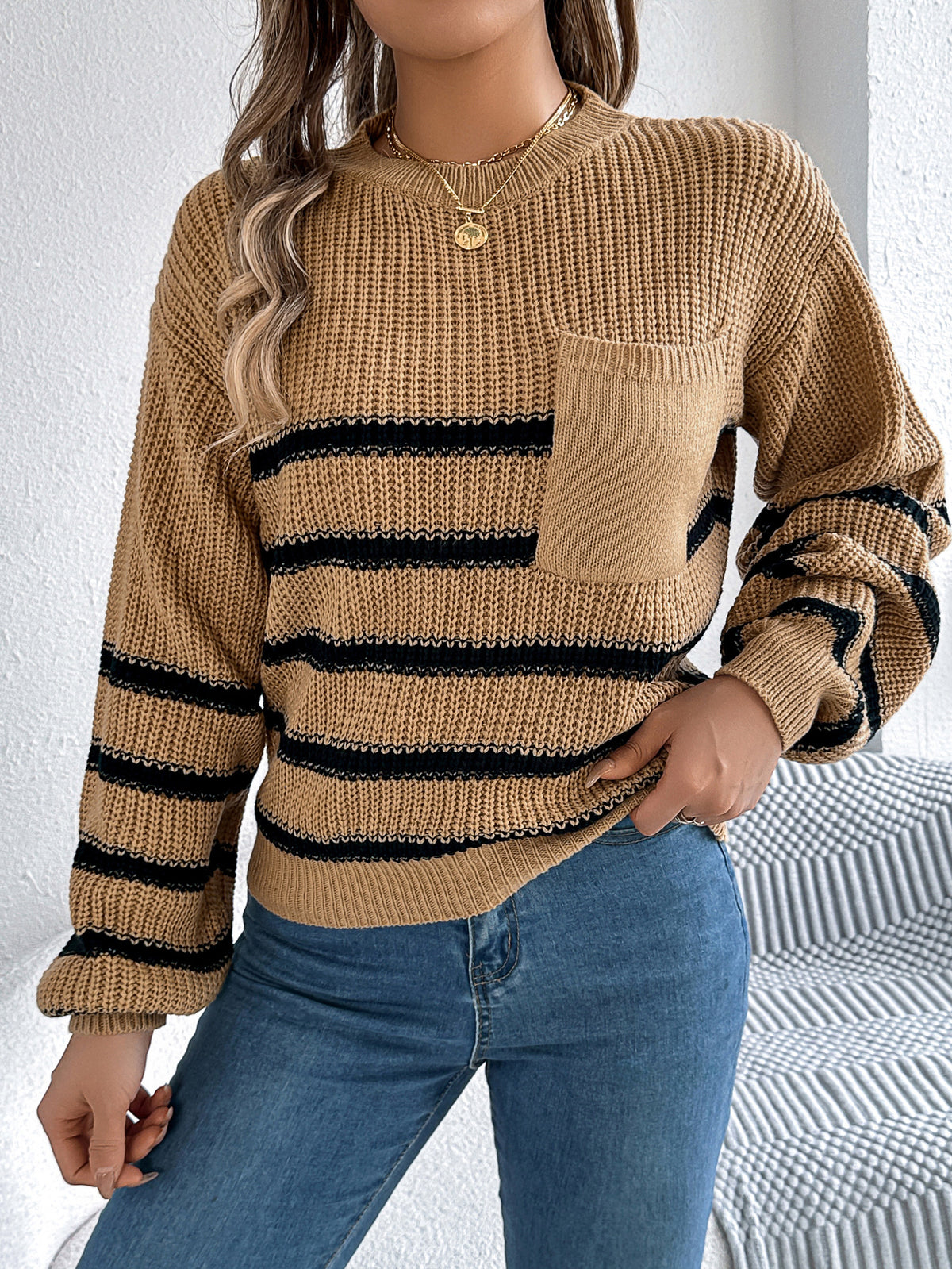 Women Casual Color Block Stripe Lantern Sleeve Pullover Sweater