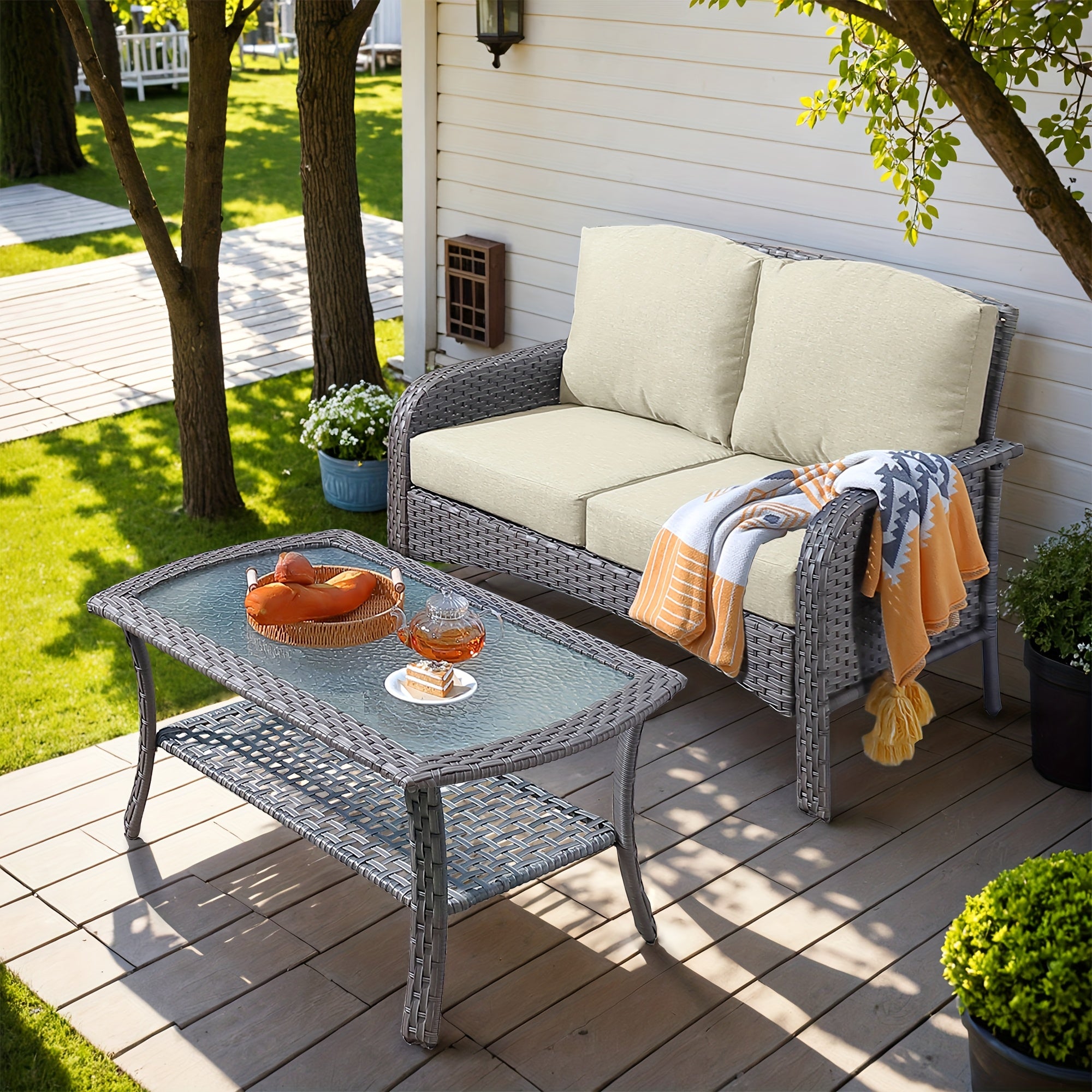 Outdoor Wicker Furniture Collection: Loveseat, Swivel Rocking Chairs, Patio Chairs, Rectangular Table, And Optional Side Table. Made with PE Rattan, Suitable for Patio, Backyard, Pool, Or Garden