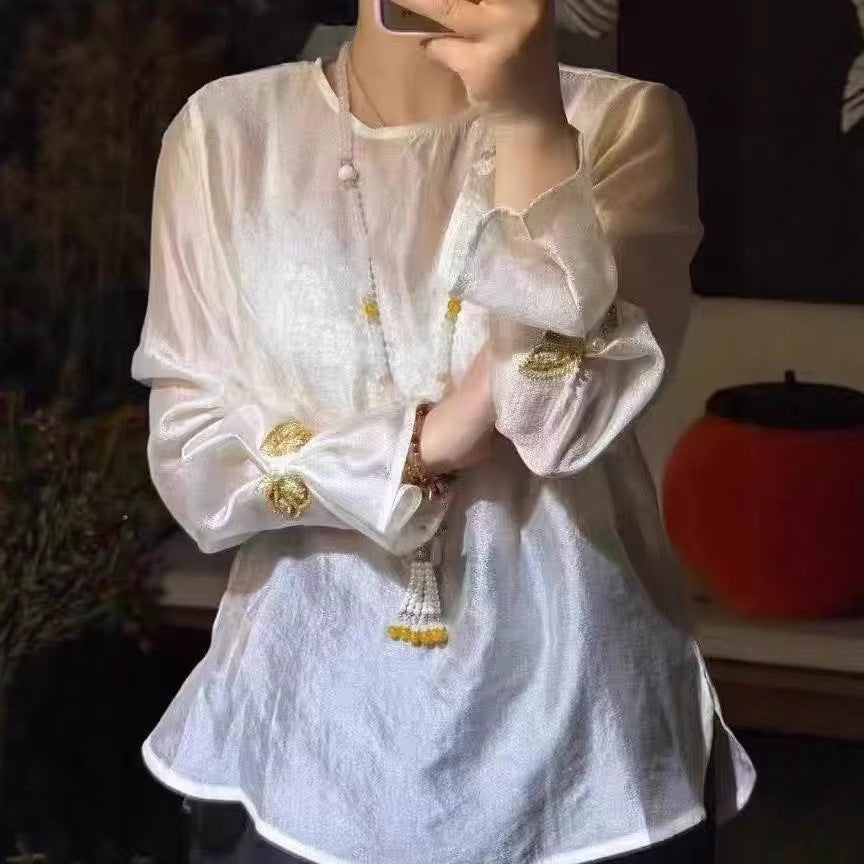 Beaded-cuff Long-sleeve Base Shirt For Women