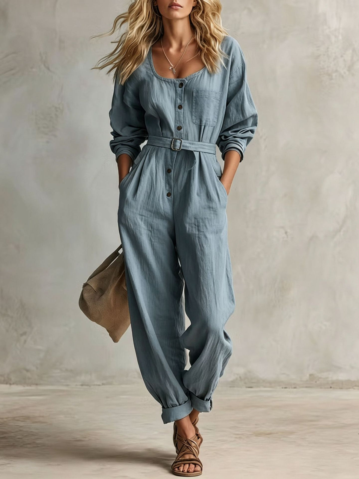 Women's Elegant Square Neck Long Sleeve Linen Jumpsuit